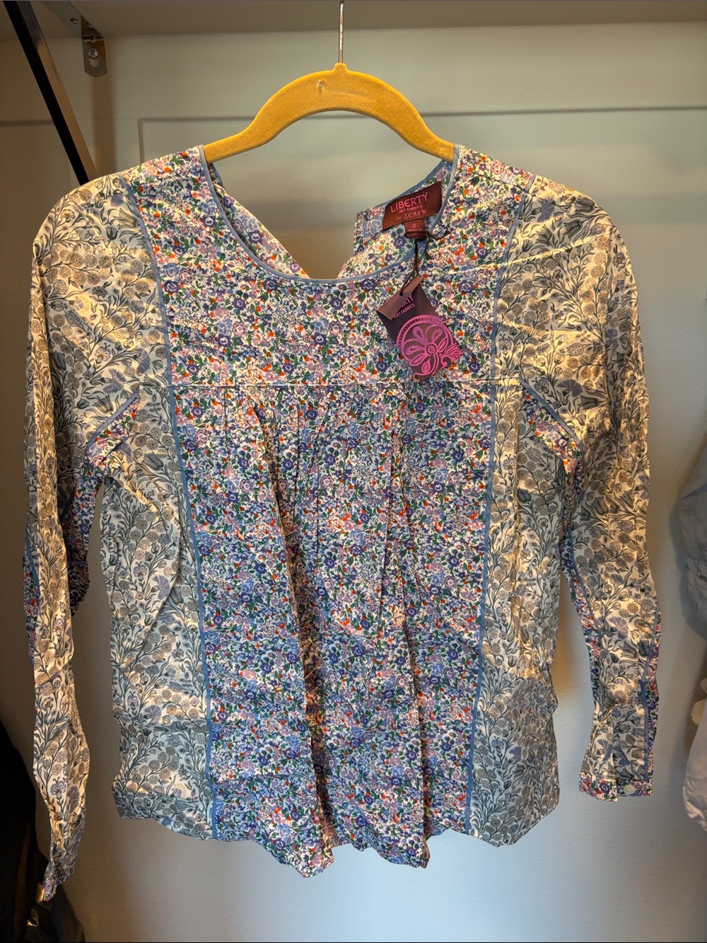 J. Crew Patchwork Floral Long-Sleeve Blouse in Blue and Cream